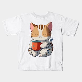 Sleepy Cat Holding a Mug - Coffee Cat Kids T-Shirt